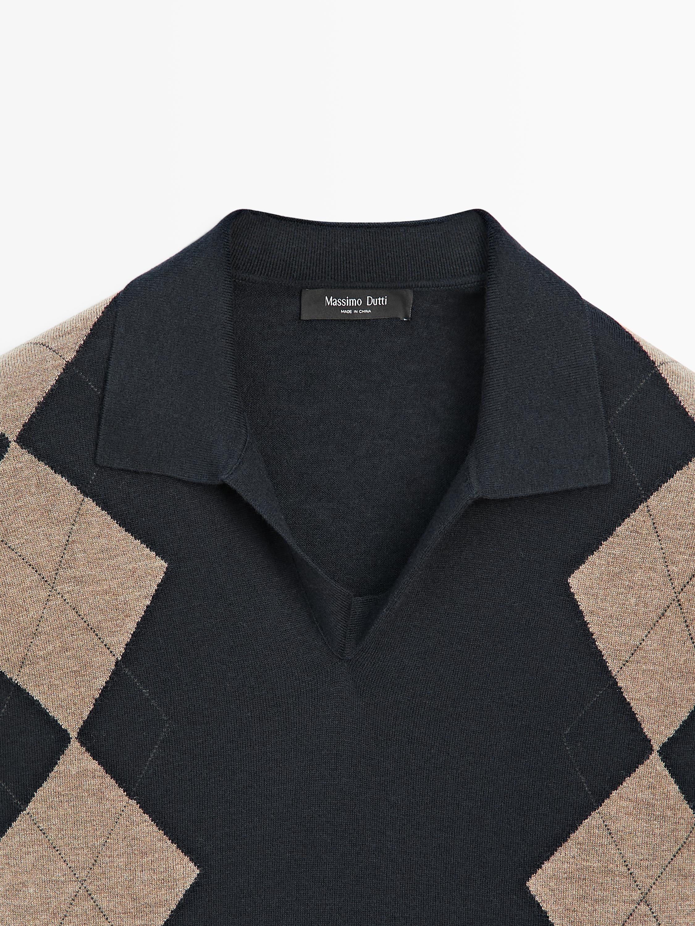 Pull polo laine en maille à losanges